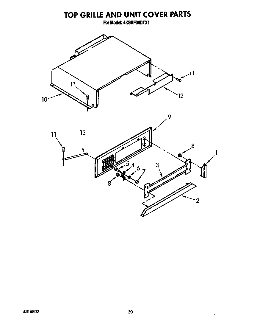KitchenAid 4KSRF36DTX1 top grille and unit cover diagram