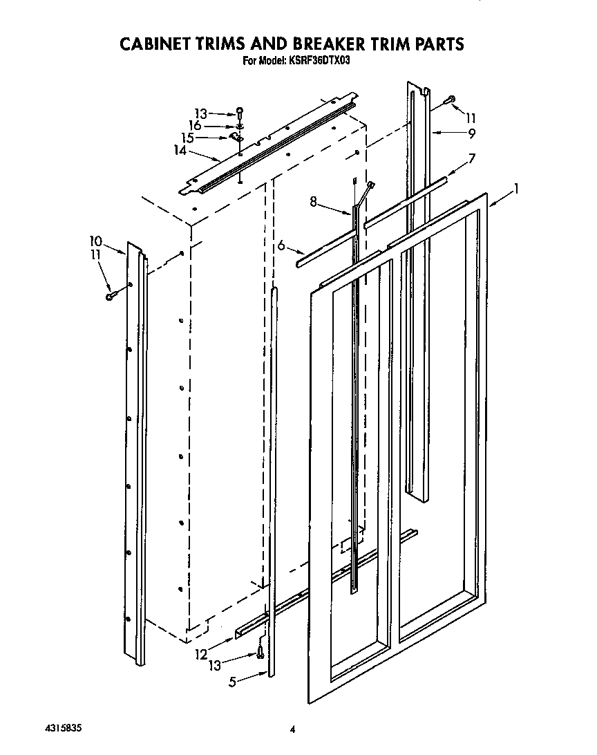 KitchenAid KSRF36DTX03 cabinet trims and breaker trim diagram