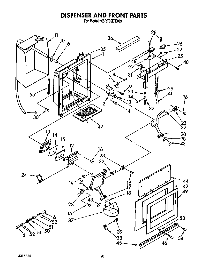 KitchenAid KSRF36DTX03 dispenser and front diagram