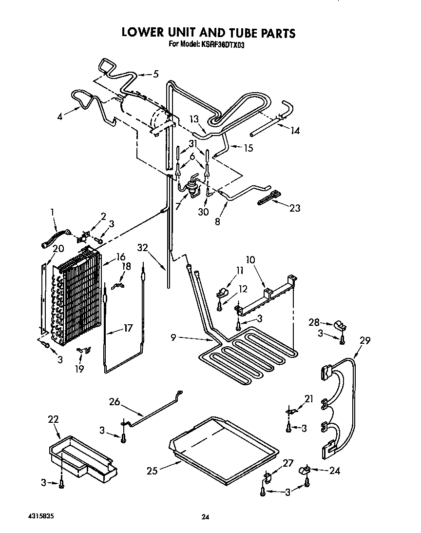 KitchenAid KSRF36DTX03 lower unit and tube diagram