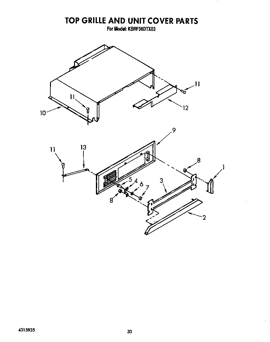 KitchenAid KSRF36DTX03 top grille and unit cover diagram