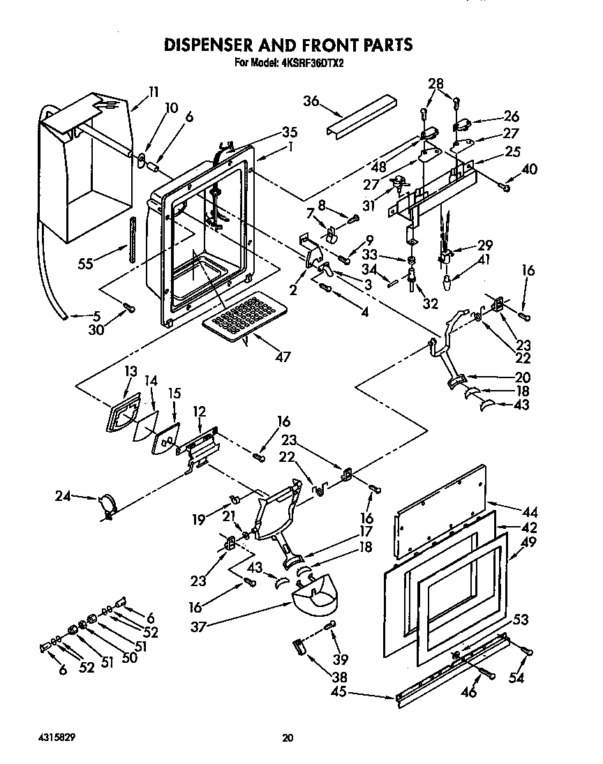 KitchenAid 4KSRF36DTX2 dispenser and front diagram