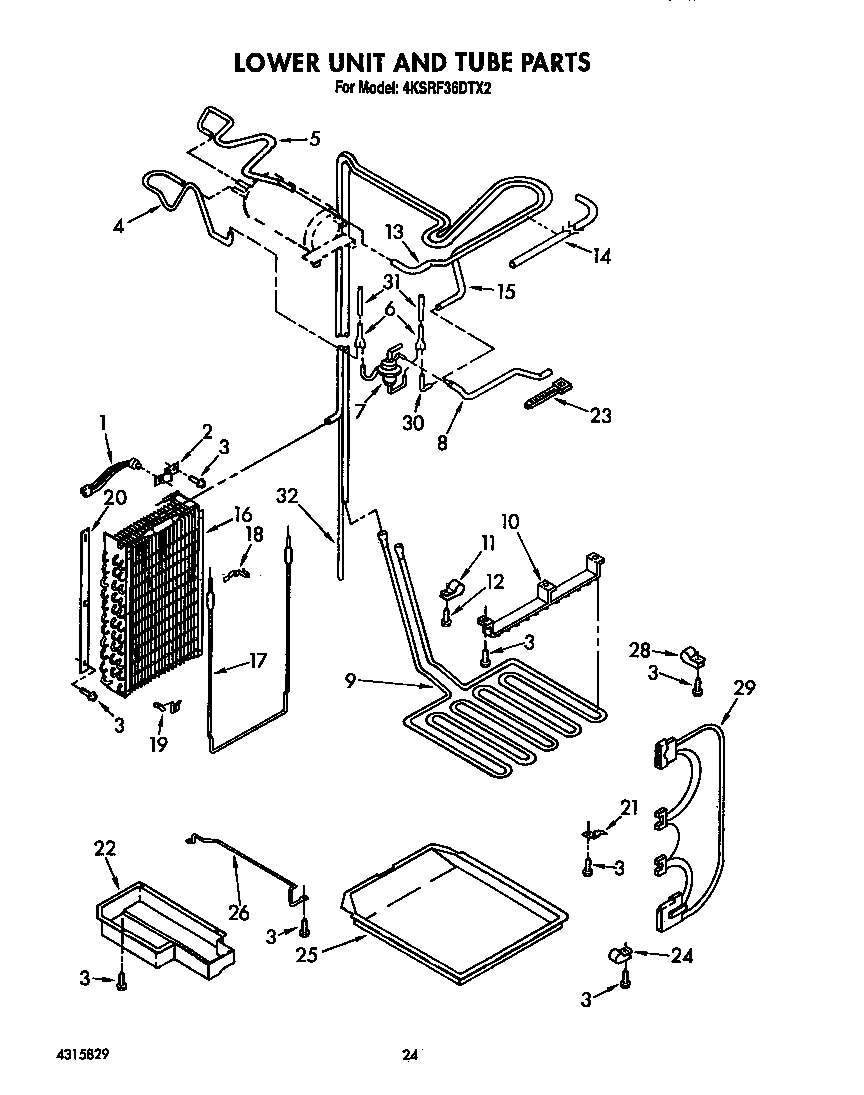 KitchenAid 4KSRF36DTX2 lower unit and tube diagram
