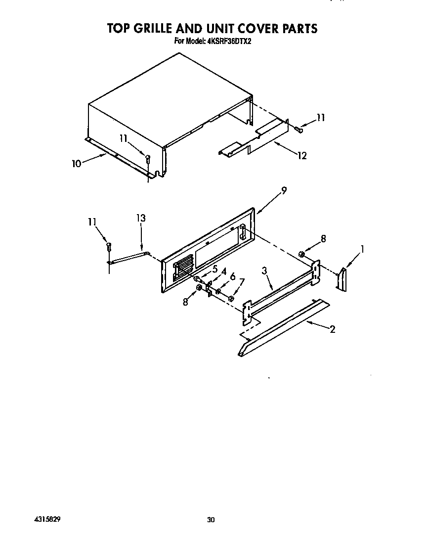 KitchenAid 4KSRF36DTX2 top grille and unit cover diagram