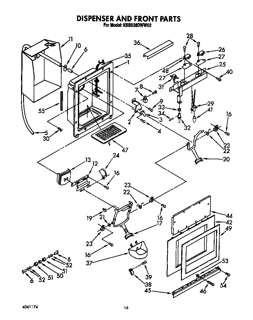 KitchenAid KSSS36DWW02 dispenser and front diagram