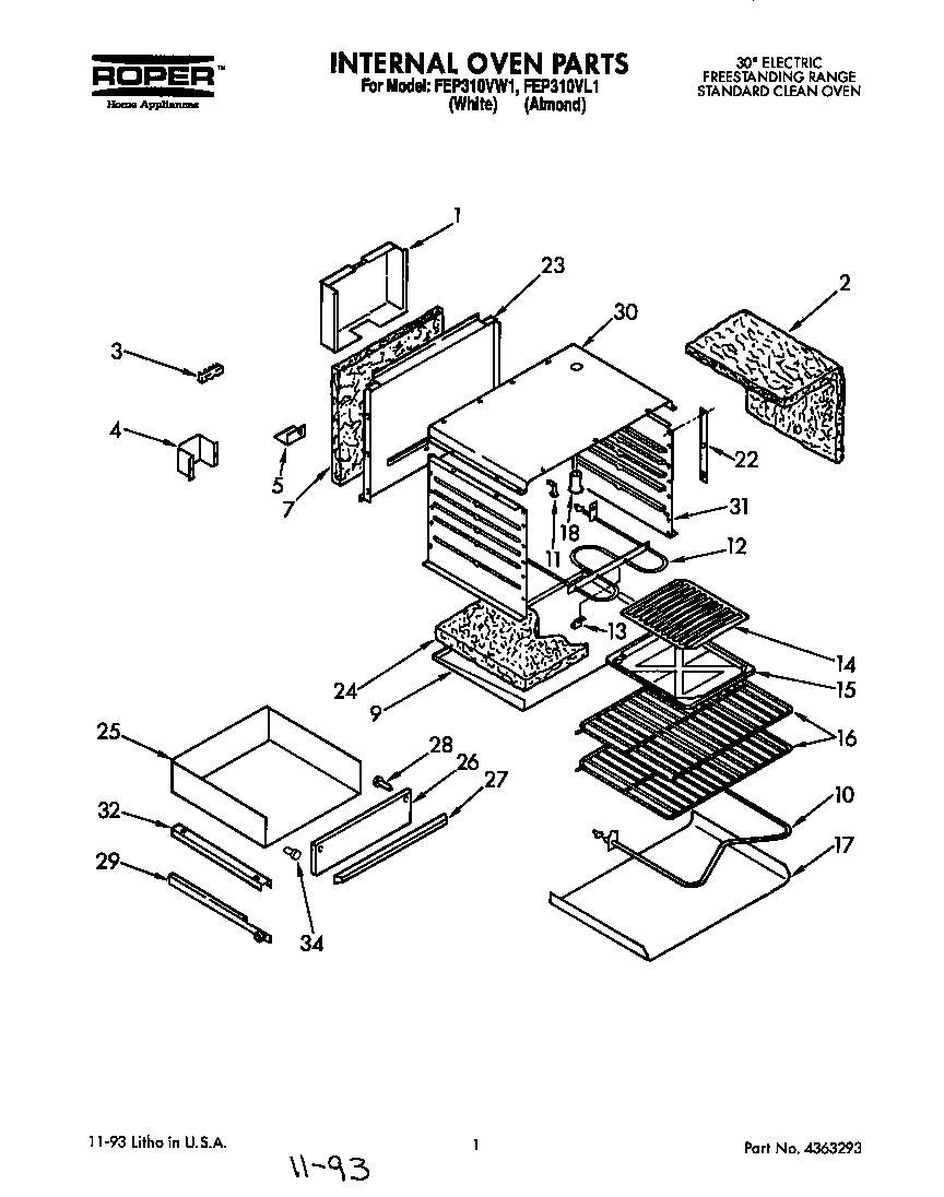 Roper FEP310VW1 internal oven diagram