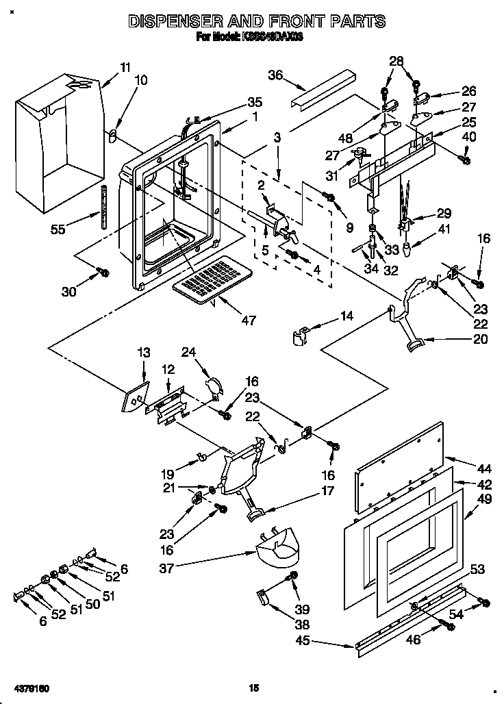 KitchenAid KSSS48DAX03 dispenser and front diagram