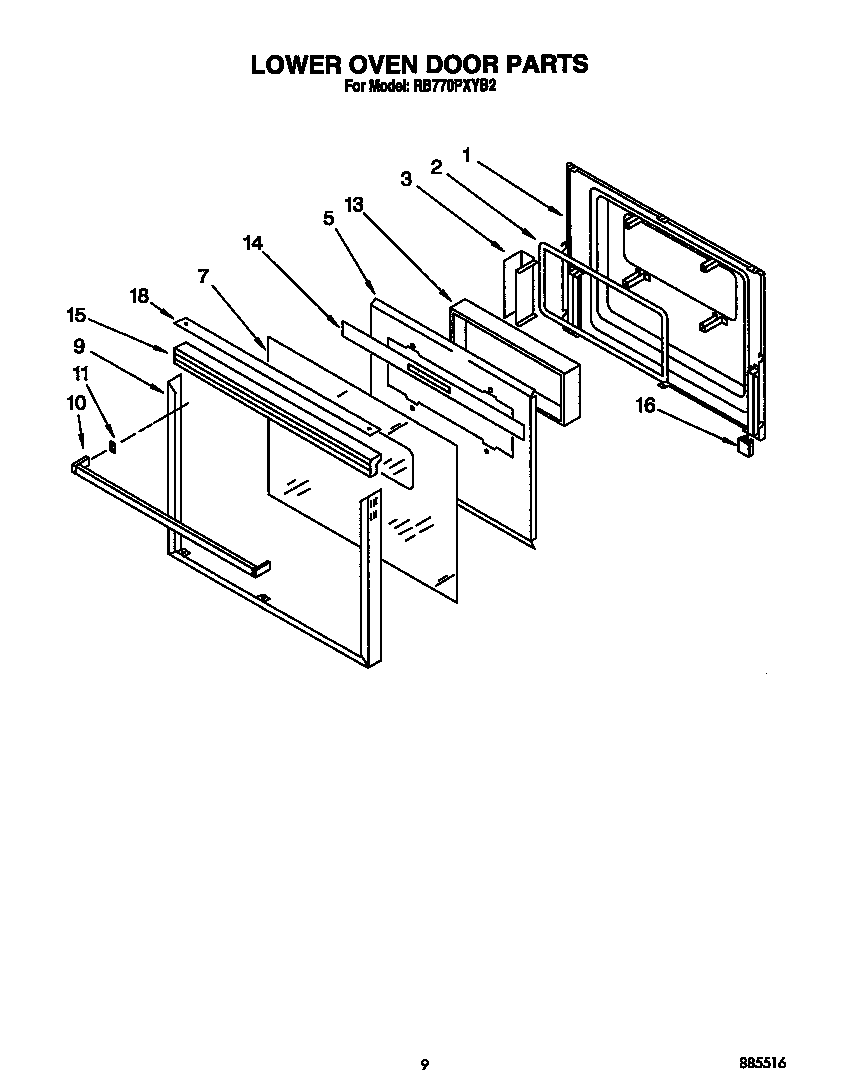 Whirlpool RB770PXYB2 lower oven door diagram