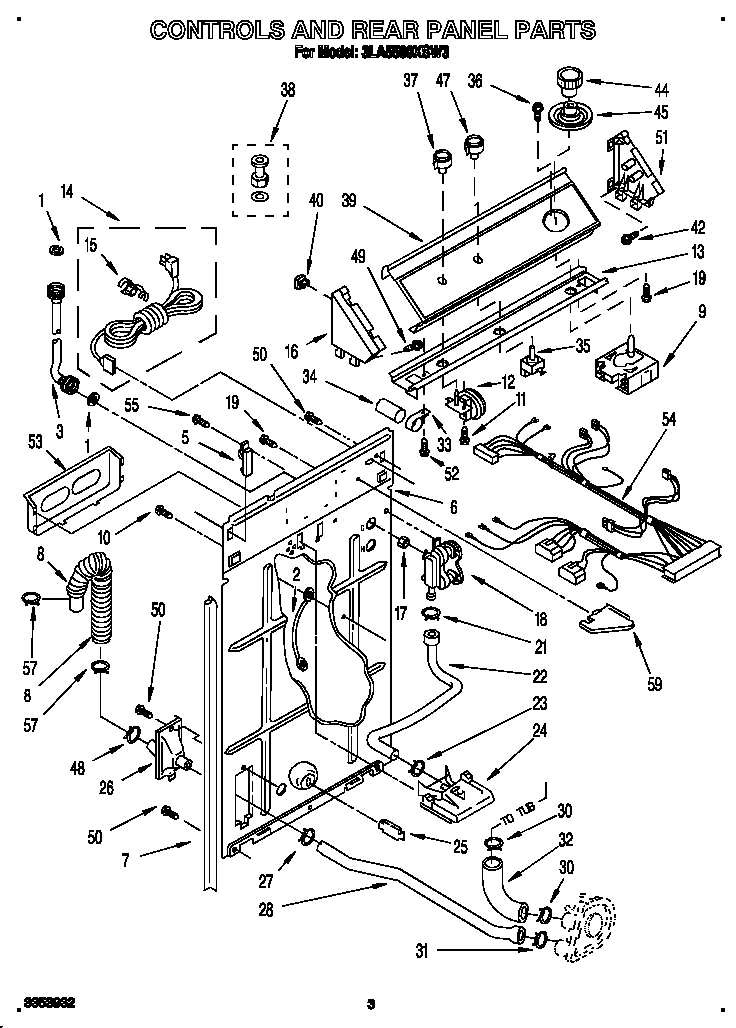 Whirlpool 3LA5580XSW3 controls and rear panel diagram