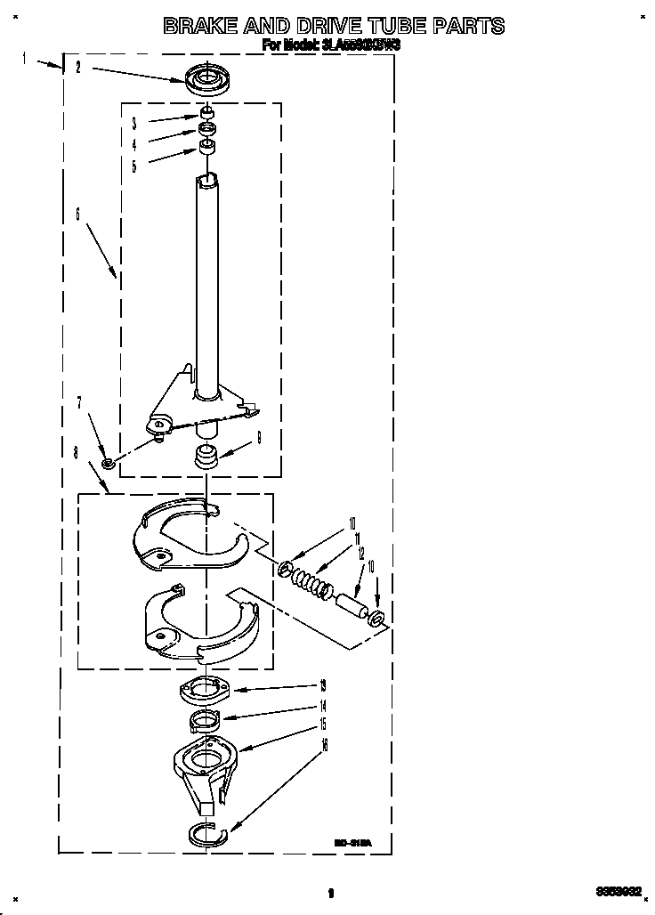 Whirlpool 3LA5580XSW3 brake and drive tube diagram