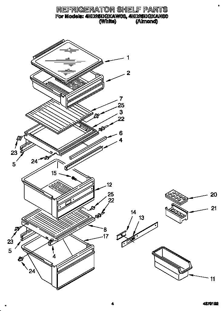 Whirlpool 4ED25DQXAW00 refrigerator shelf diagram