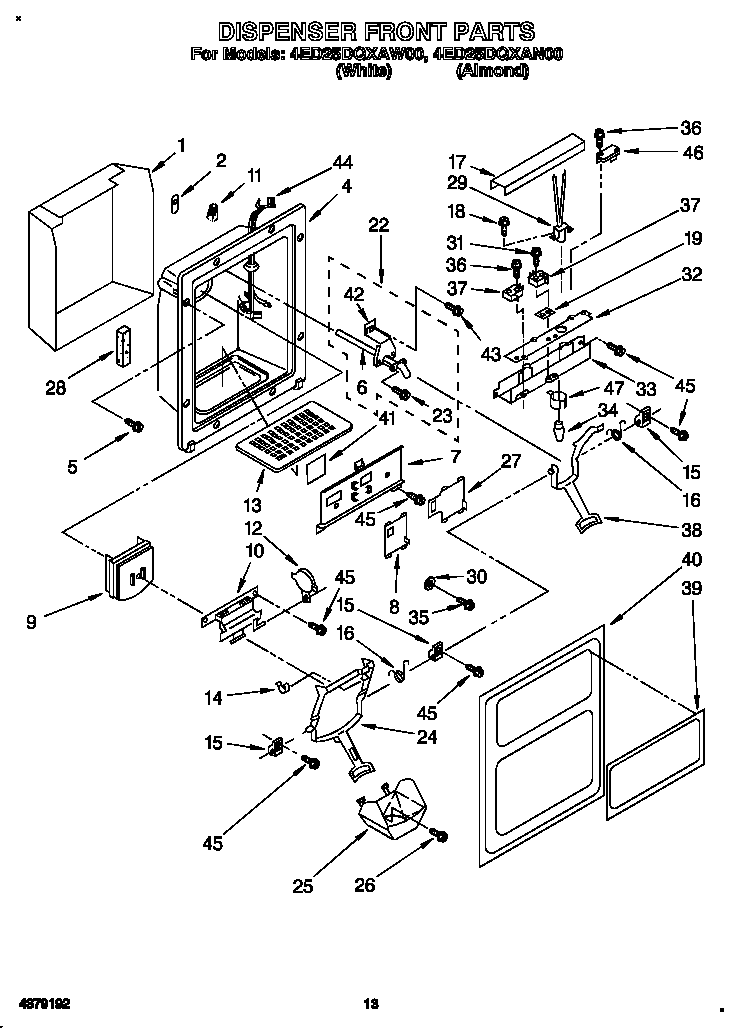 Whirlpool 4ED25DQXAW00 dispenser front diagram