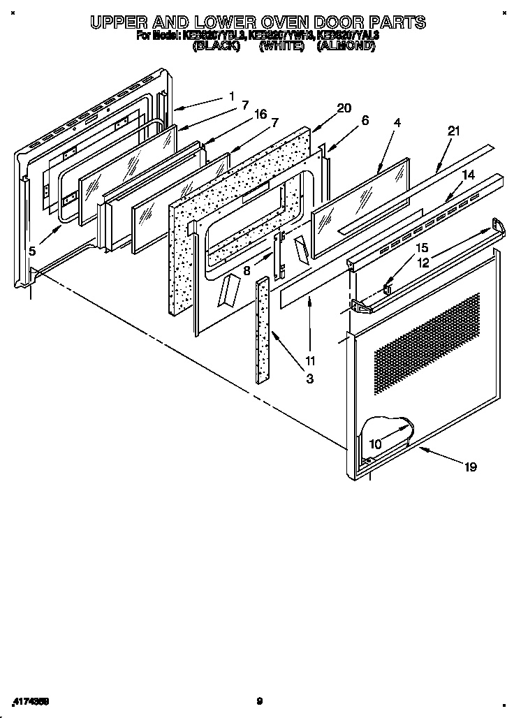 KitchenAid KEBS207YWH3 upper and lower oven door diagram