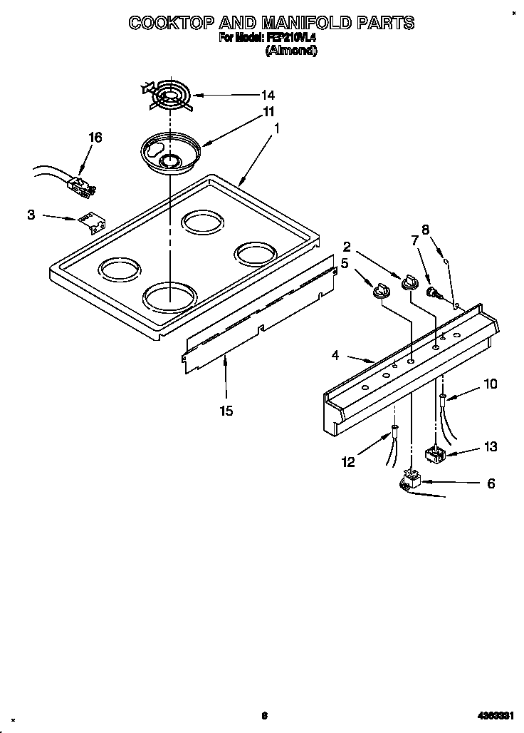 Roper FEP210VL4 cooktop and manifold diagram