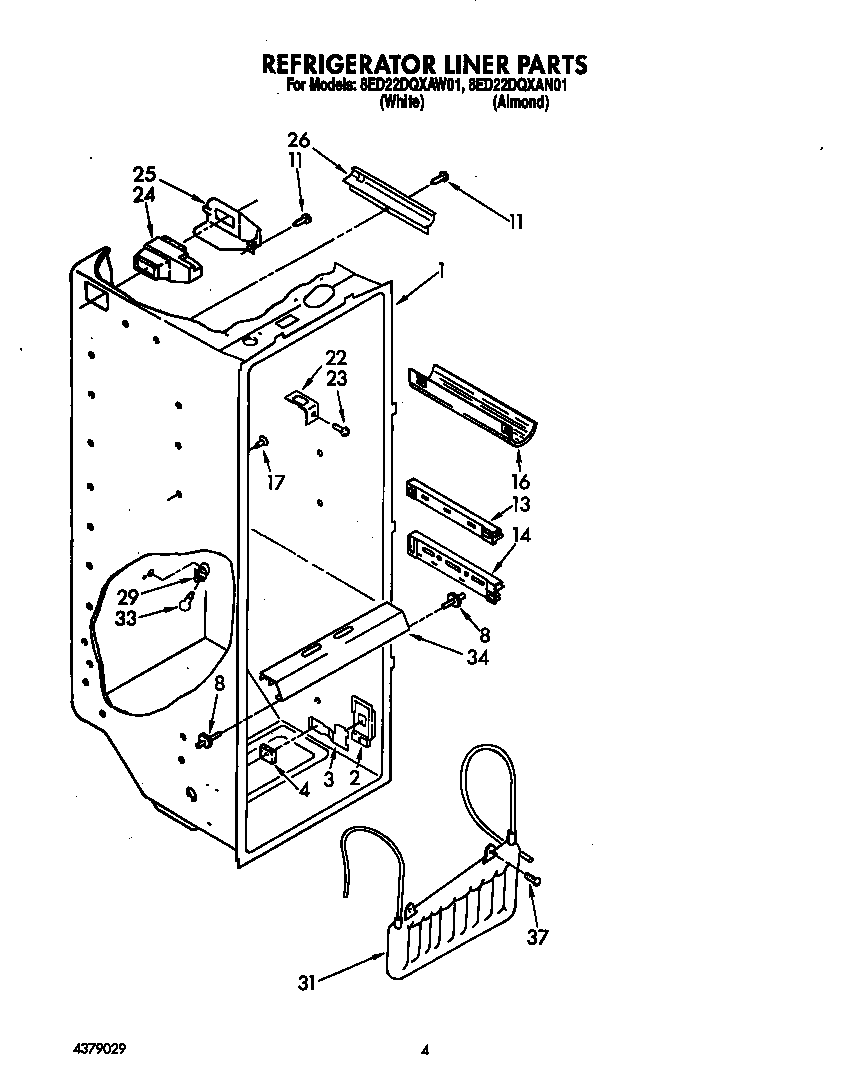 Whirlpool 8ED22DQXAW01 refrigerator liner diagram