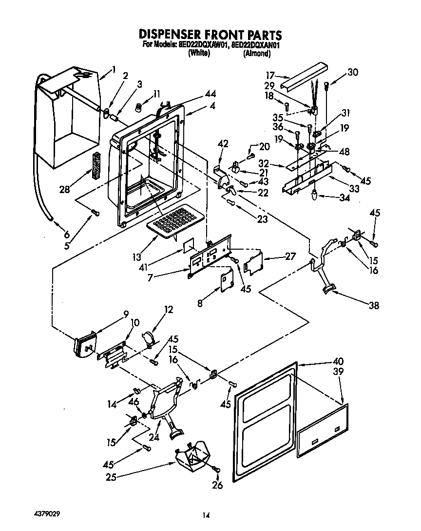 Whirlpool 8ED22DQXAW01 dispenser front diagram