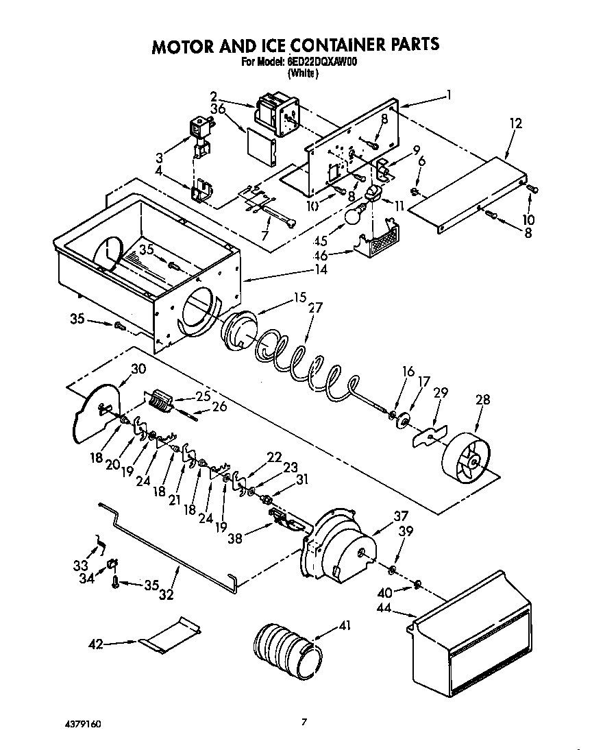 Whirlpool 6ED22DQXAW00 motor and ice container diagram