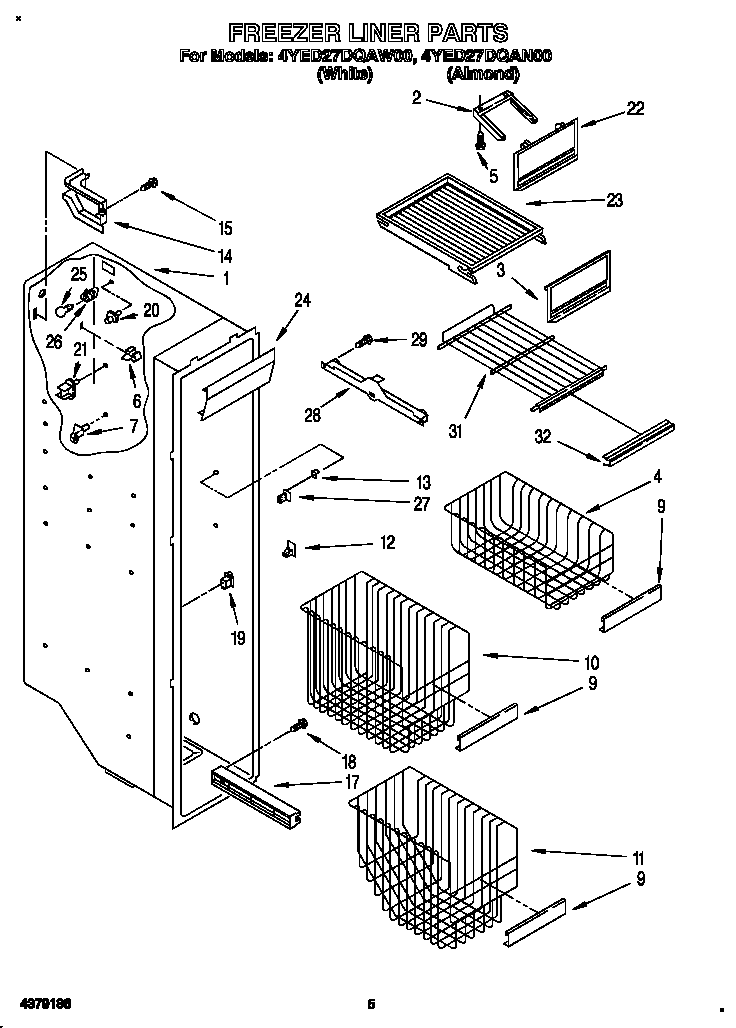 Whirlpool 4YED27DQAW00 freezer liner diagram