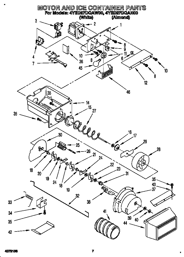 Whirlpool 4YED27DQAW00 motor and ice container diagram