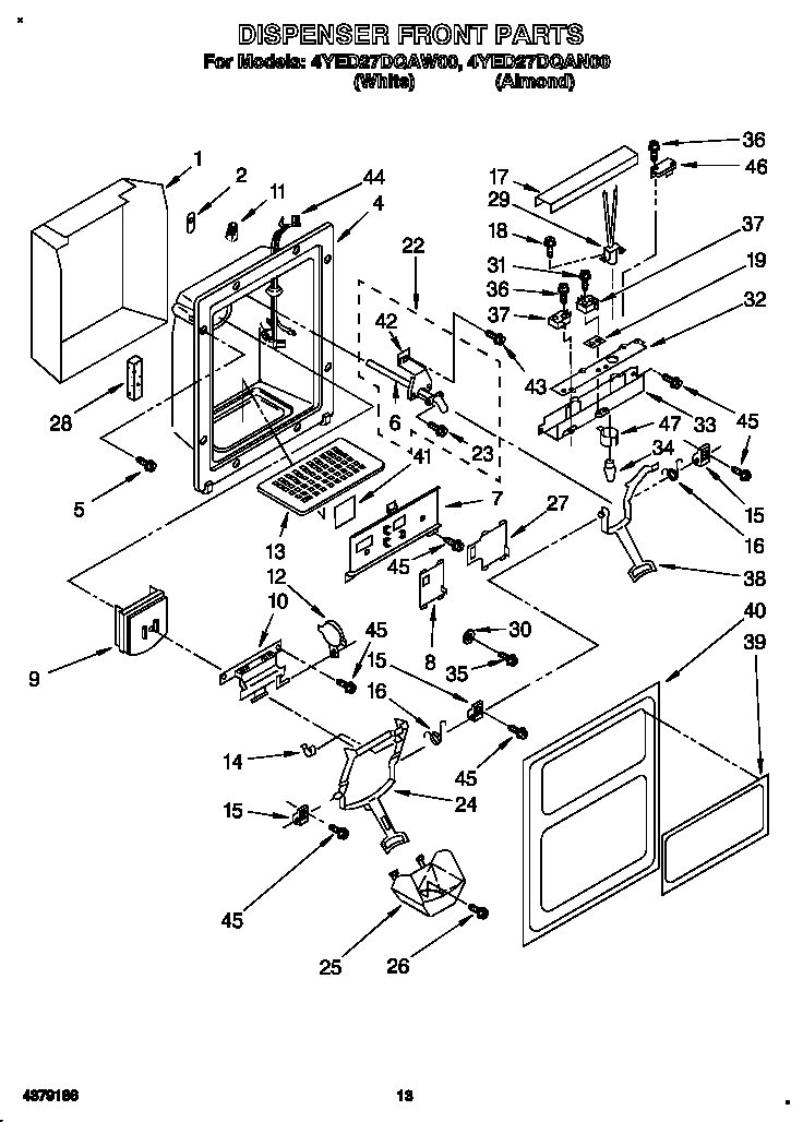 Whirlpool 4YED27DQAW00 dispenser front diagram