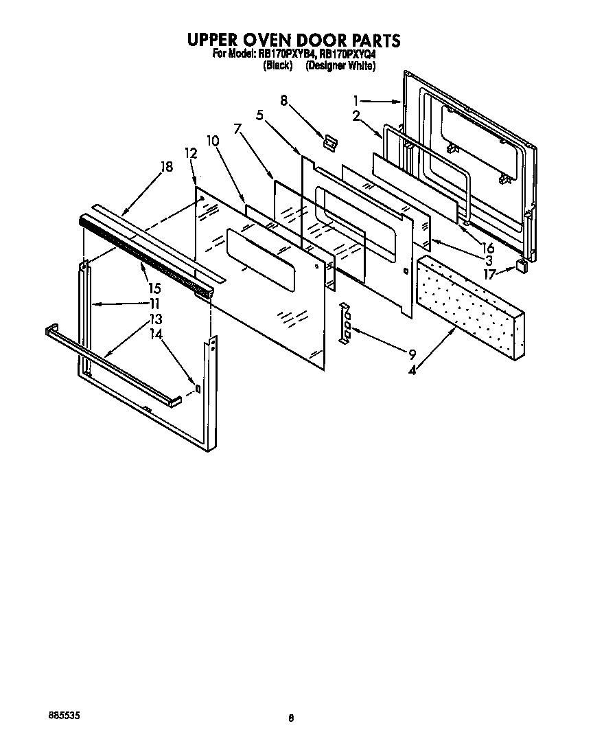 Whirlpool RB170PXYB4 upper oven door diagram