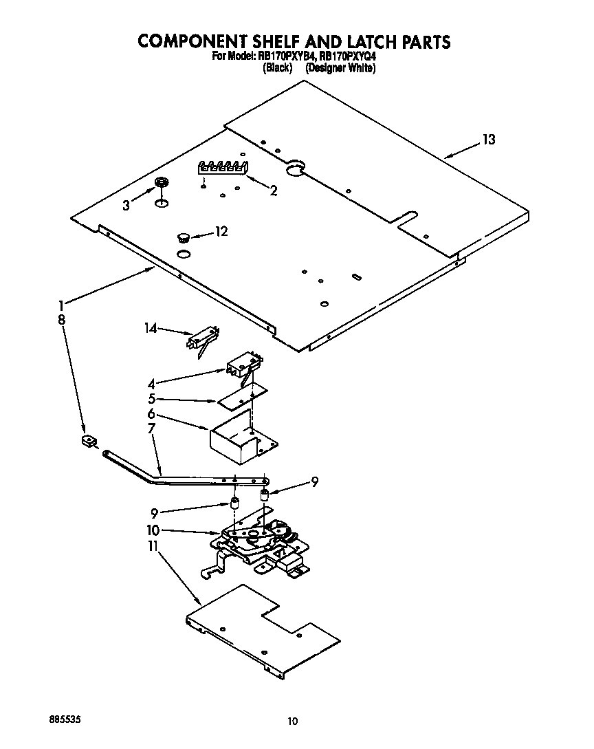 Whirlpool RB170PXYB4 component shelf and latch diagram