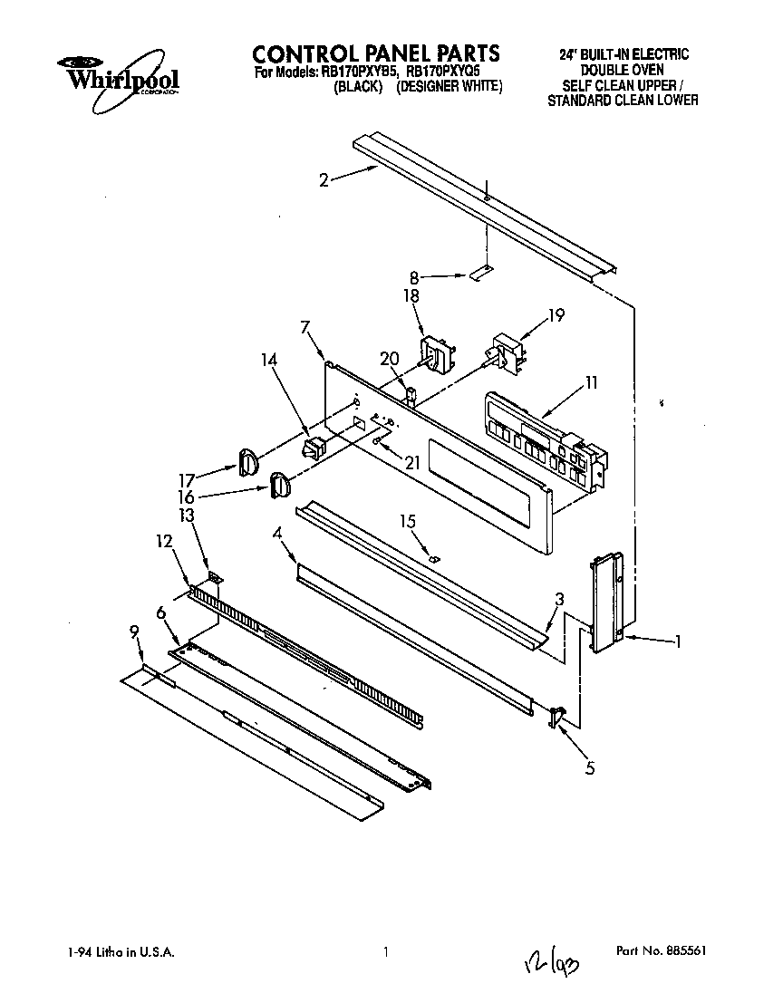 Whirlpool RB170PXYB5 control panel diagram