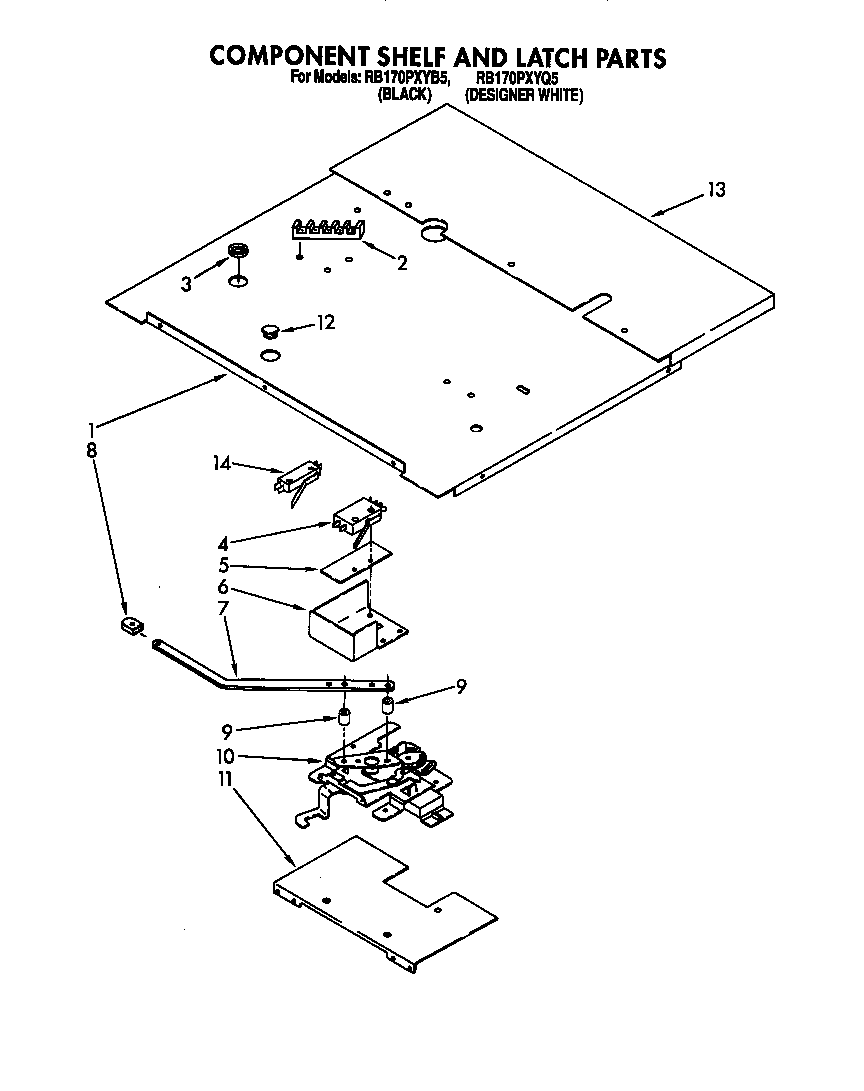 Whirlpool RB170PXYB5 component shelf and latch diagram