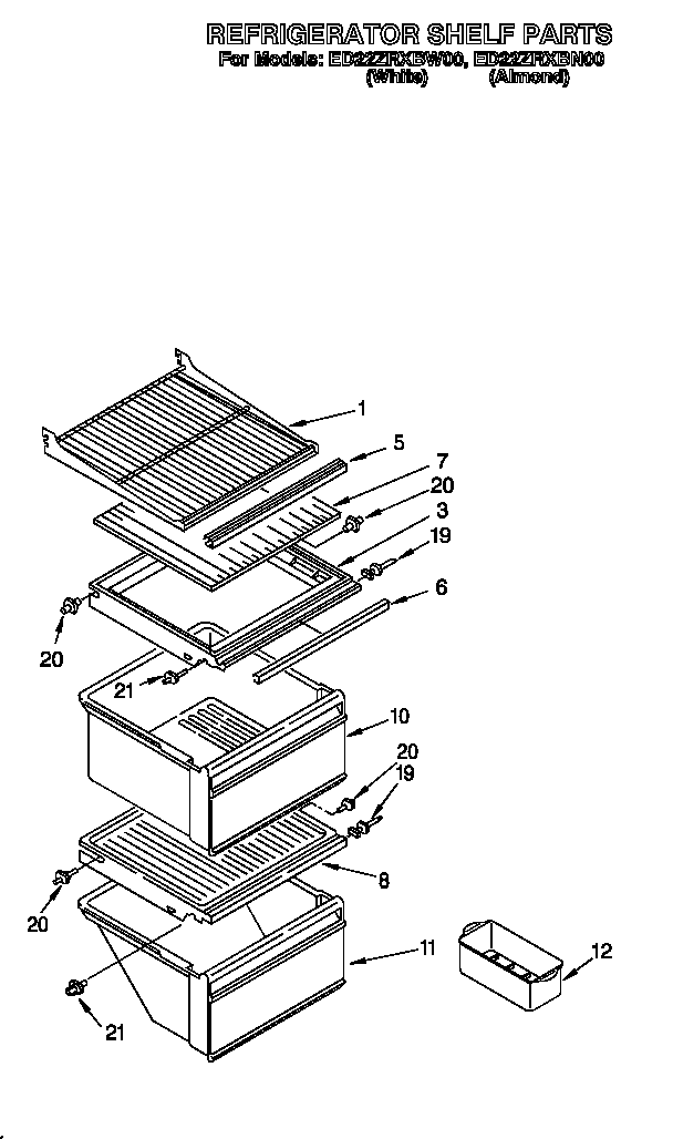 Whirlpool ED22ZRXBW00 refrigerator shelf diagram
