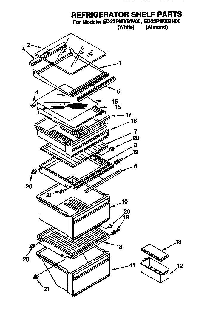 Whirlpool ED22PWXBW00 refrigerator shelf diagram