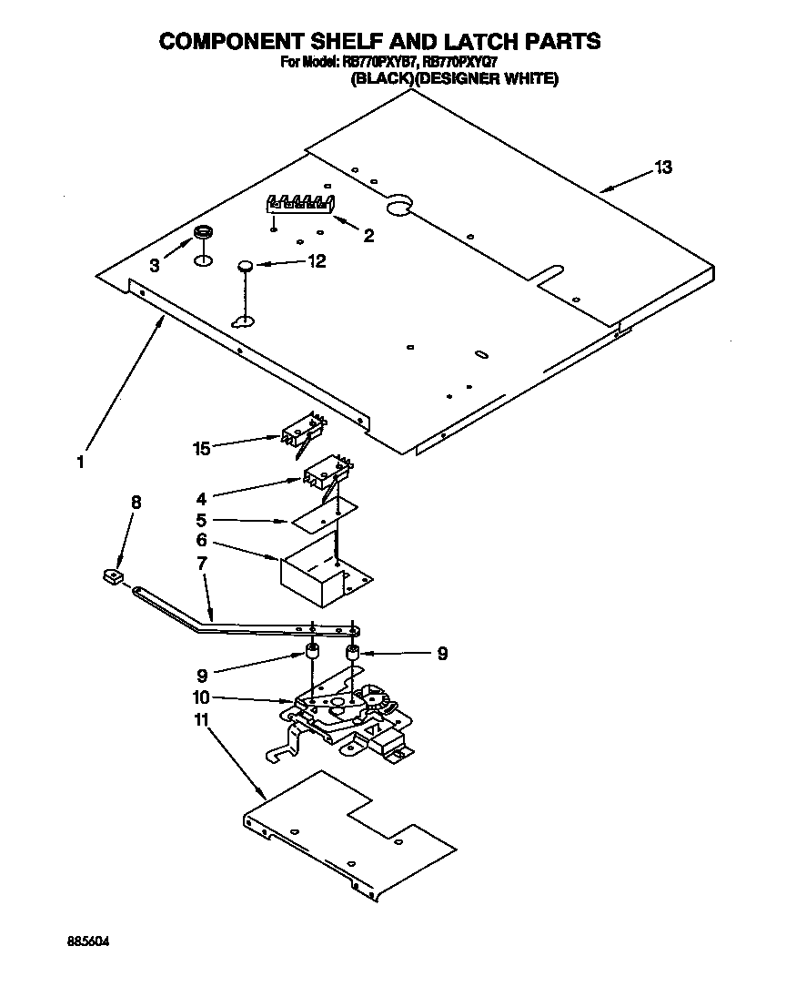 Whirlpool RB770PXYQ7 component shelf and latch diagram