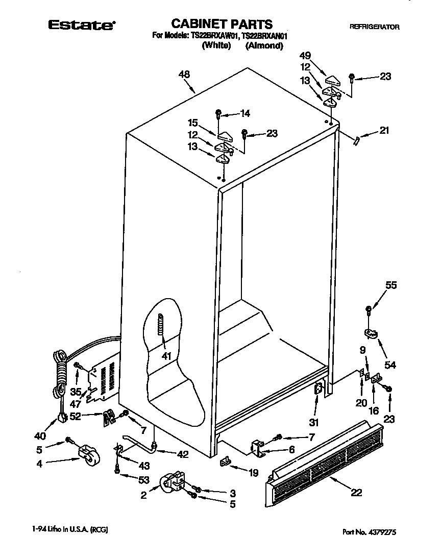 Whirlpool TS22BRXAW01 cabinet diagram