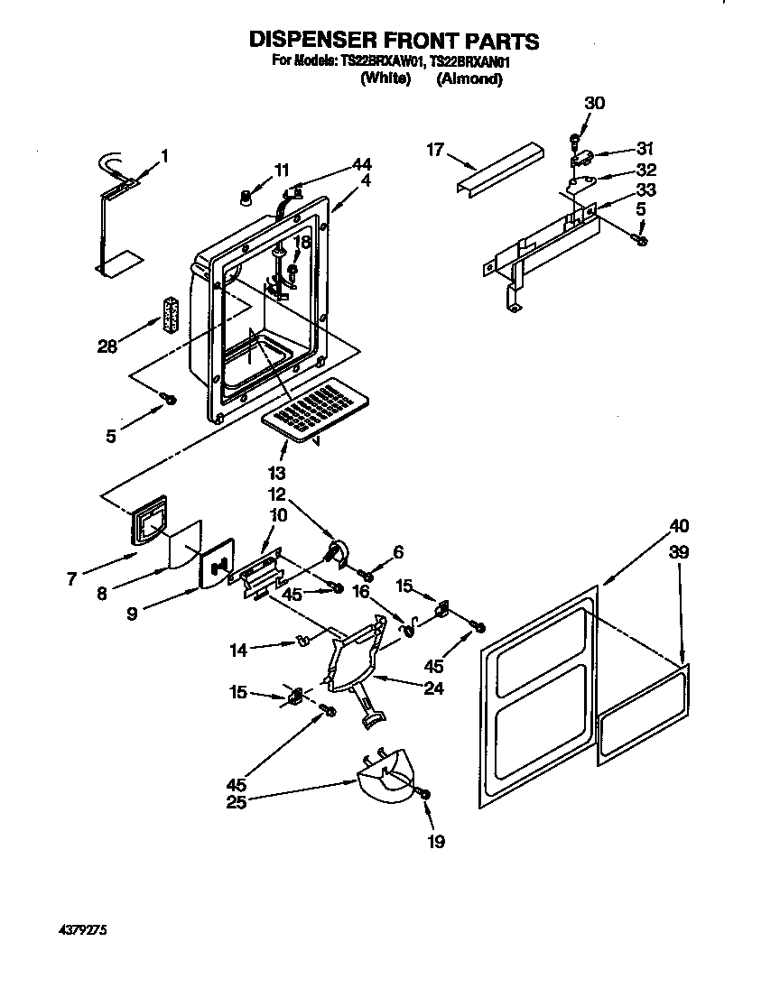 Whirlpool TS22BRXAW01 dispenser front diagram