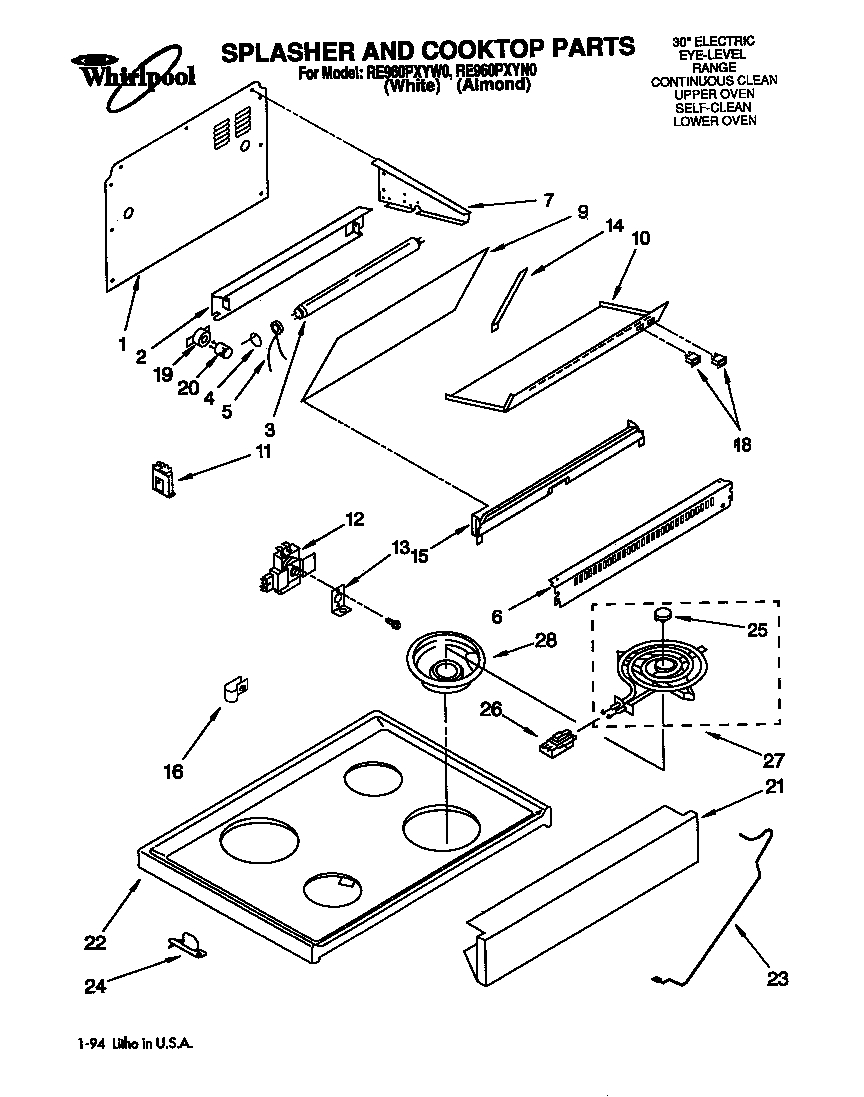 Whirlpool RE960PXYW0 splasher and cooktop diagram