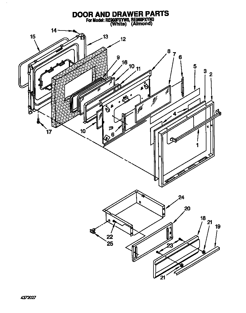 Whirlpool RE960PXYW0 door and drawer diagram