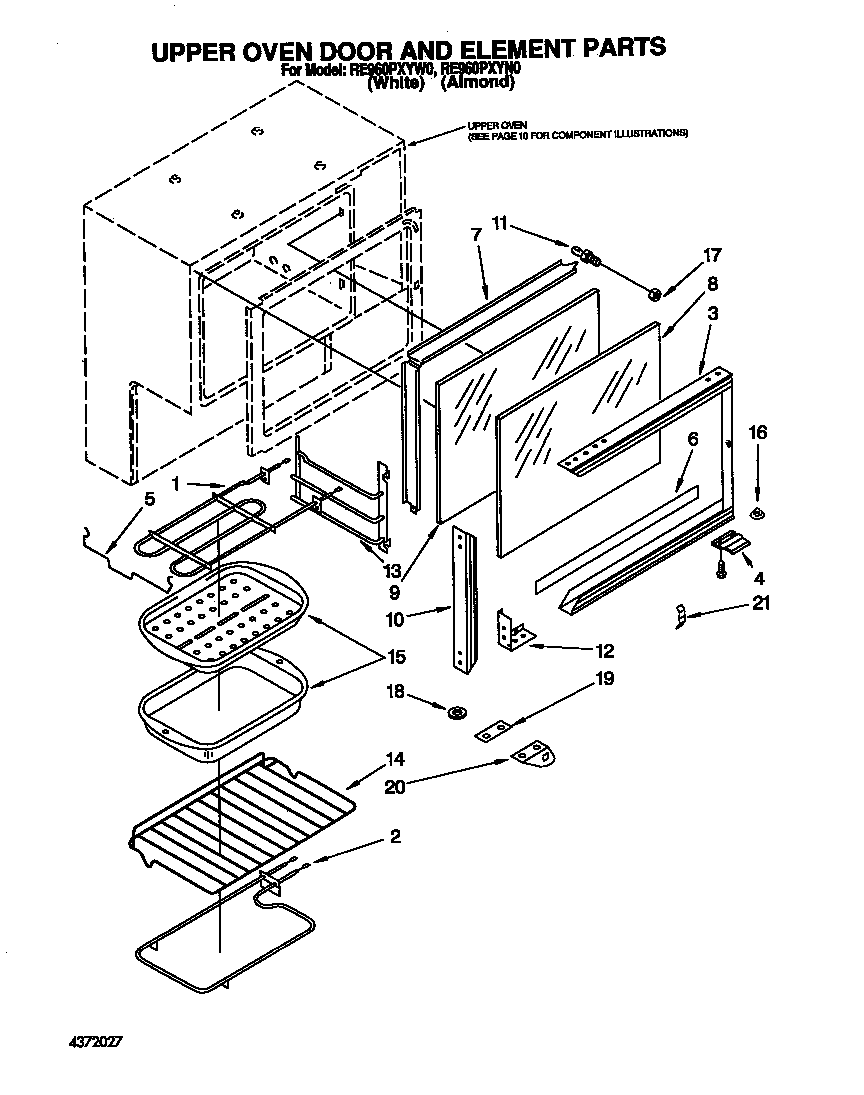 Whirlpool RE960PXYW0 upper oven door and element diagram