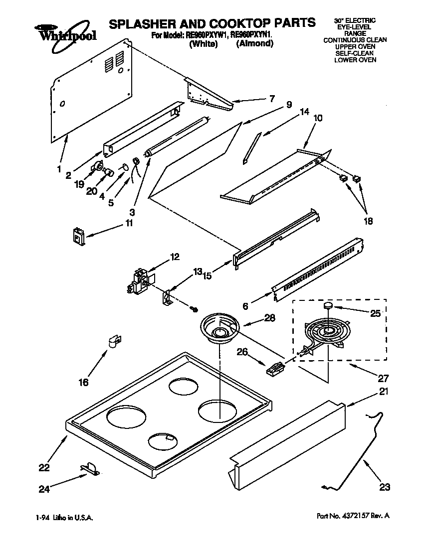 Whirlpool RE960PXYW1 splasher and cooktop diagram