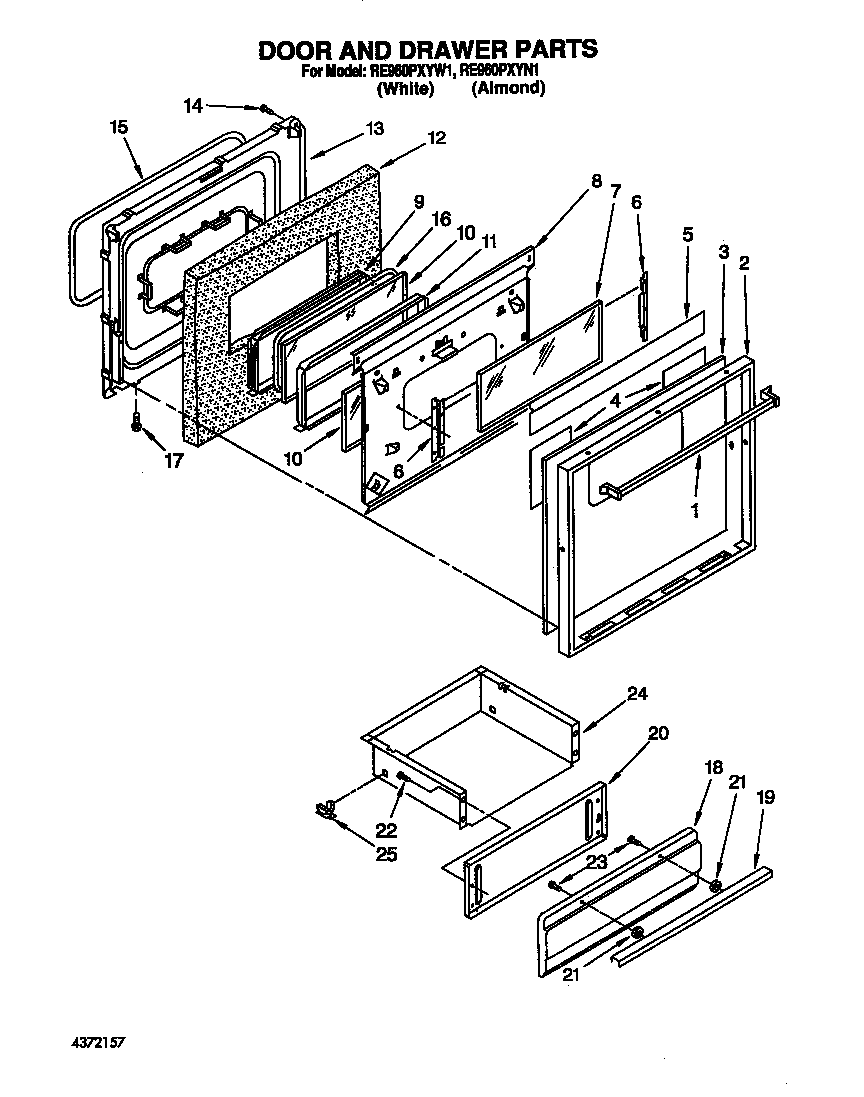 Whirlpool RE960PXYW1 door and drawer diagram