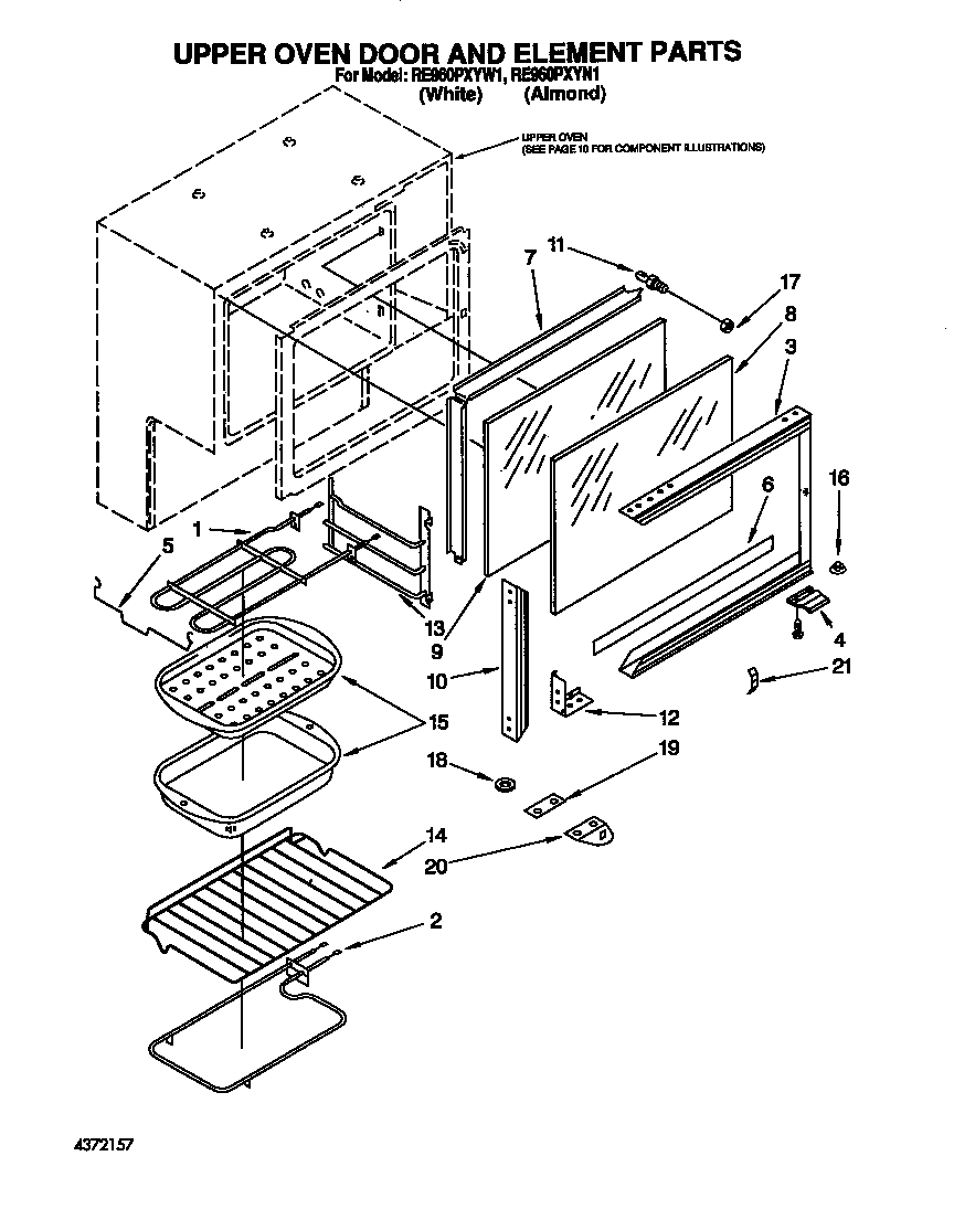 Whirlpool RE960PXYW1 upper oven door and element diagram