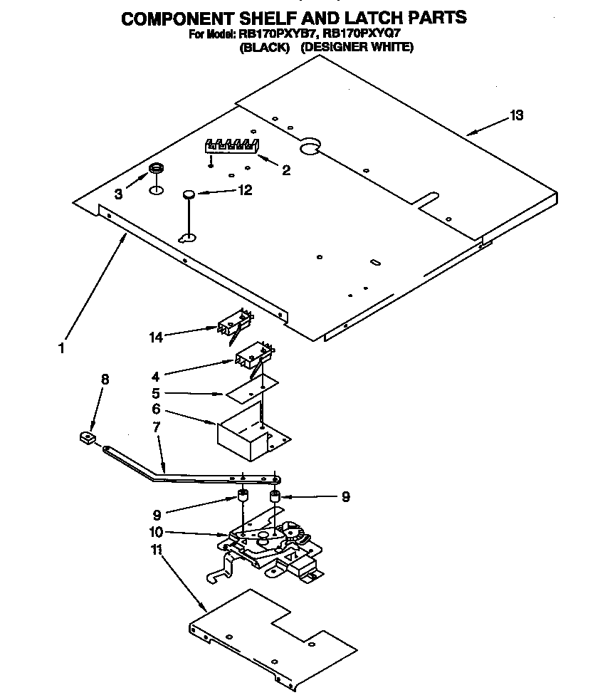 Whirlpool RB170PXYB7 component shelf and latch diagram