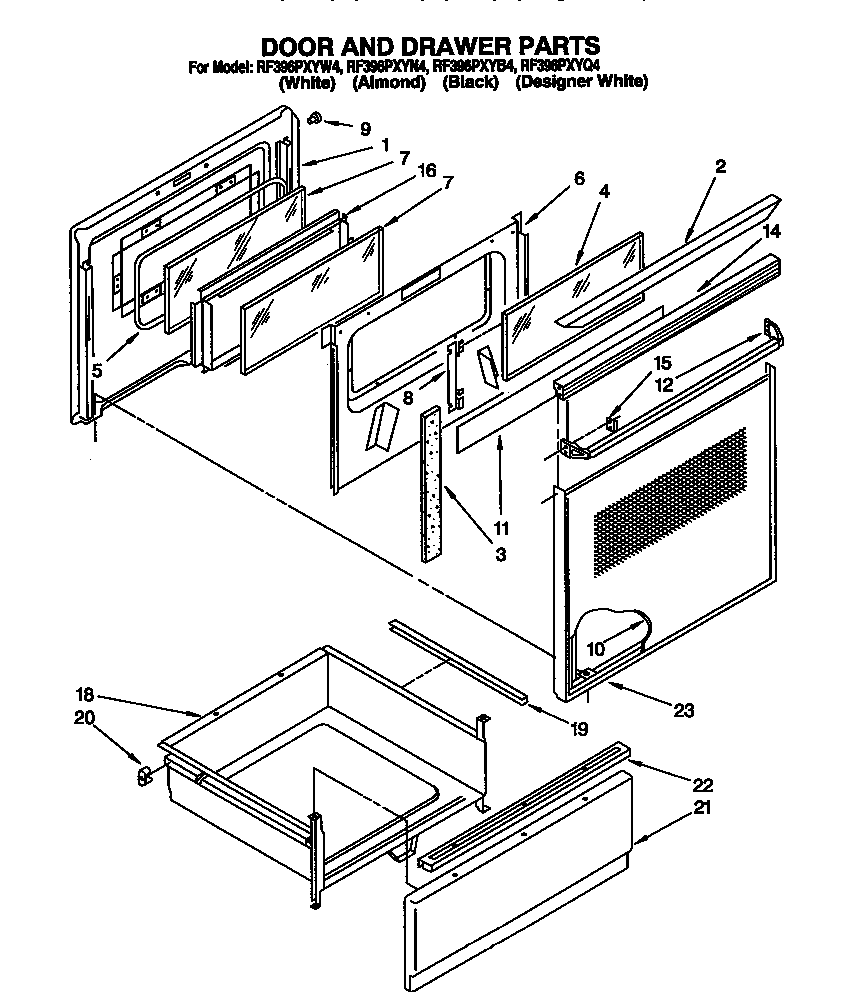 Whirlpool RF396PXYW4 door and drawer diagram
