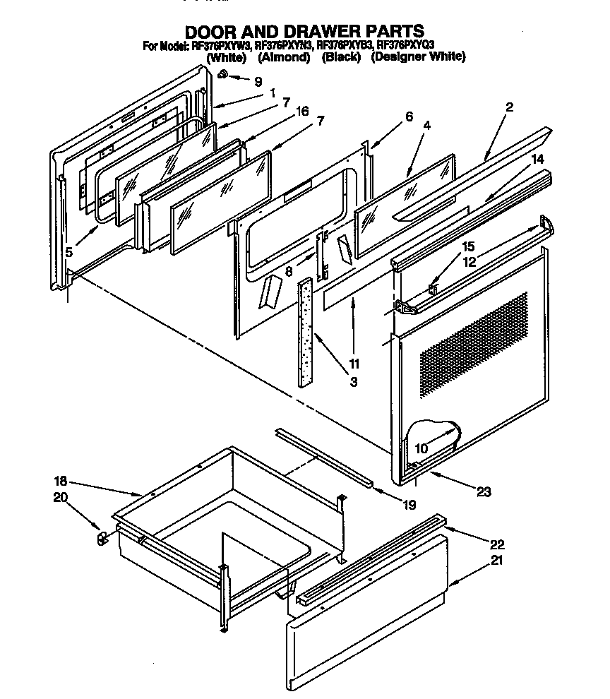 Whirlpool RF376PXYW3 door and drawer diagram