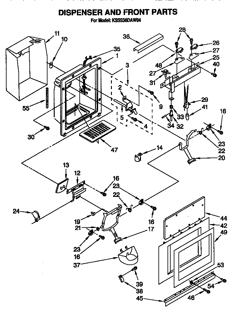 KitchenAid KSSS36DAW04 dispenser and front diagram