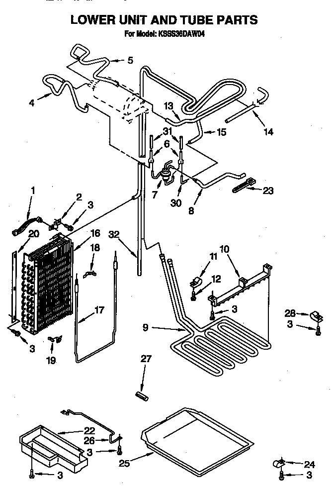 KitchenAid KSSS36DAW04 lower unit and tube diagram