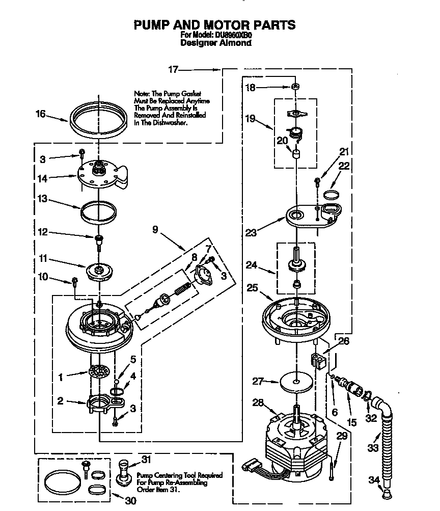 Whirlpool DU8960XB0 pump and motor diagram