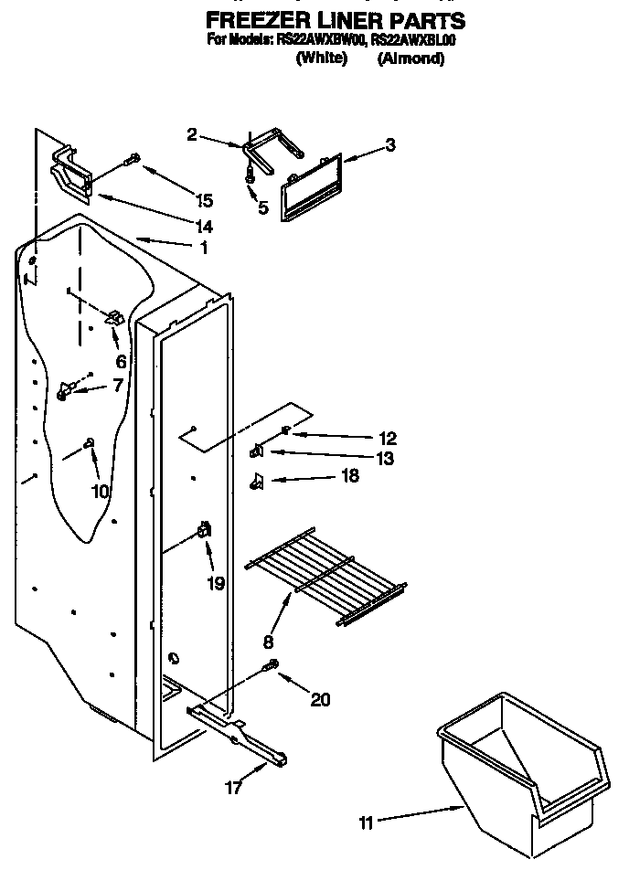 Roper RS22AWXBL00 freezer liner diagram