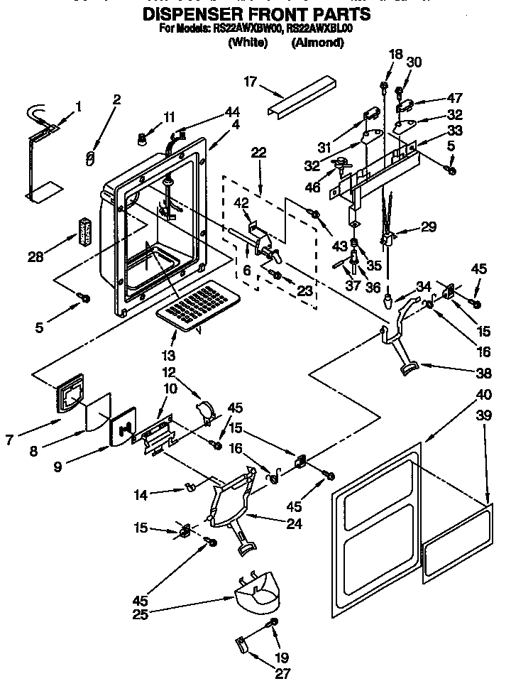 Roper RS22AWXBL00 dispenser front diagram