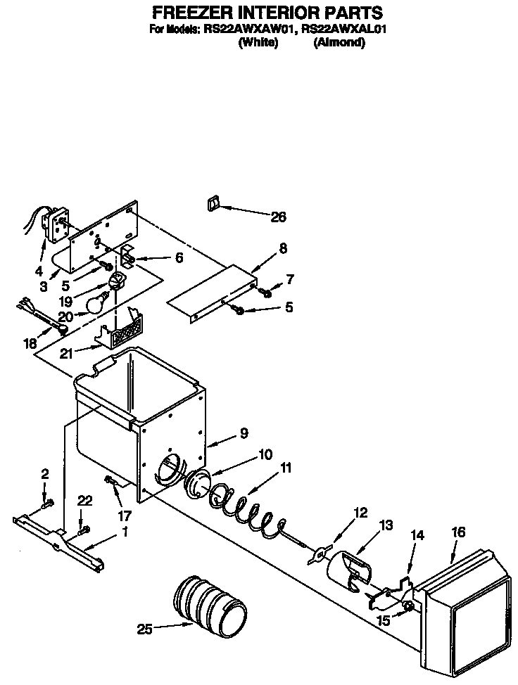 Roper RS22AWXAW01 freezer interior diagram