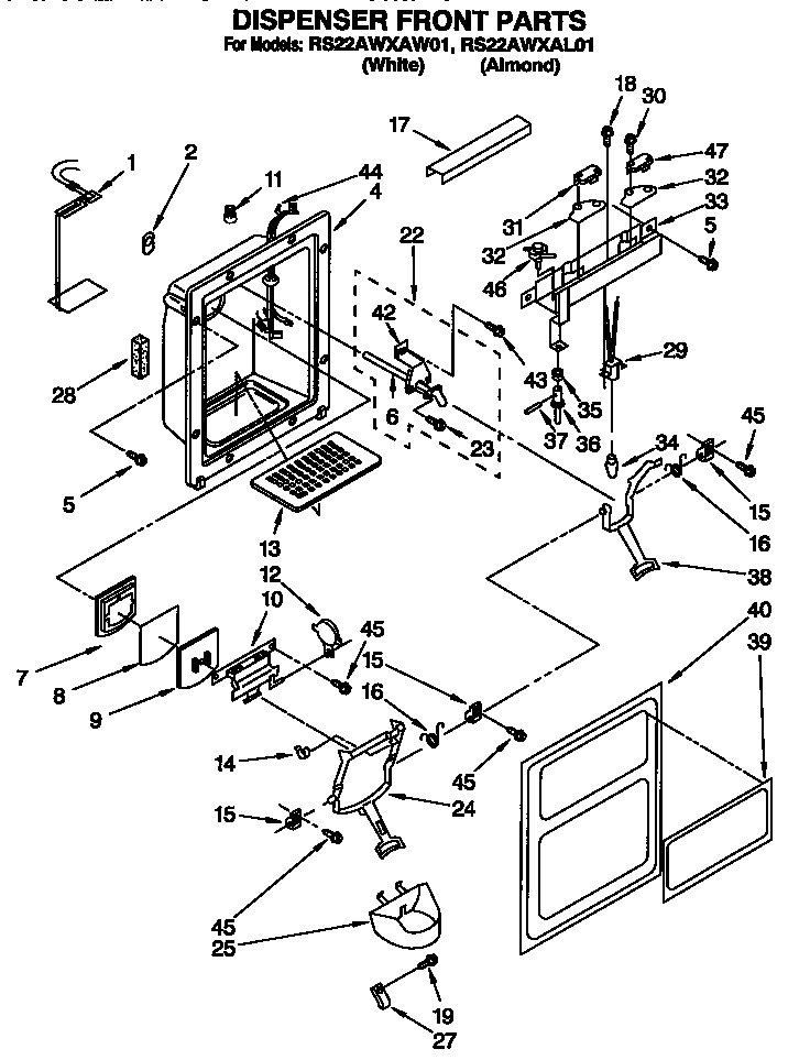 Roper RS22AWXAW01 dispenser front diagram