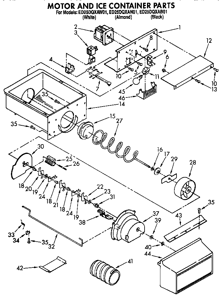 Whirlpool ED25DQXAW01 motor &ice container diagram